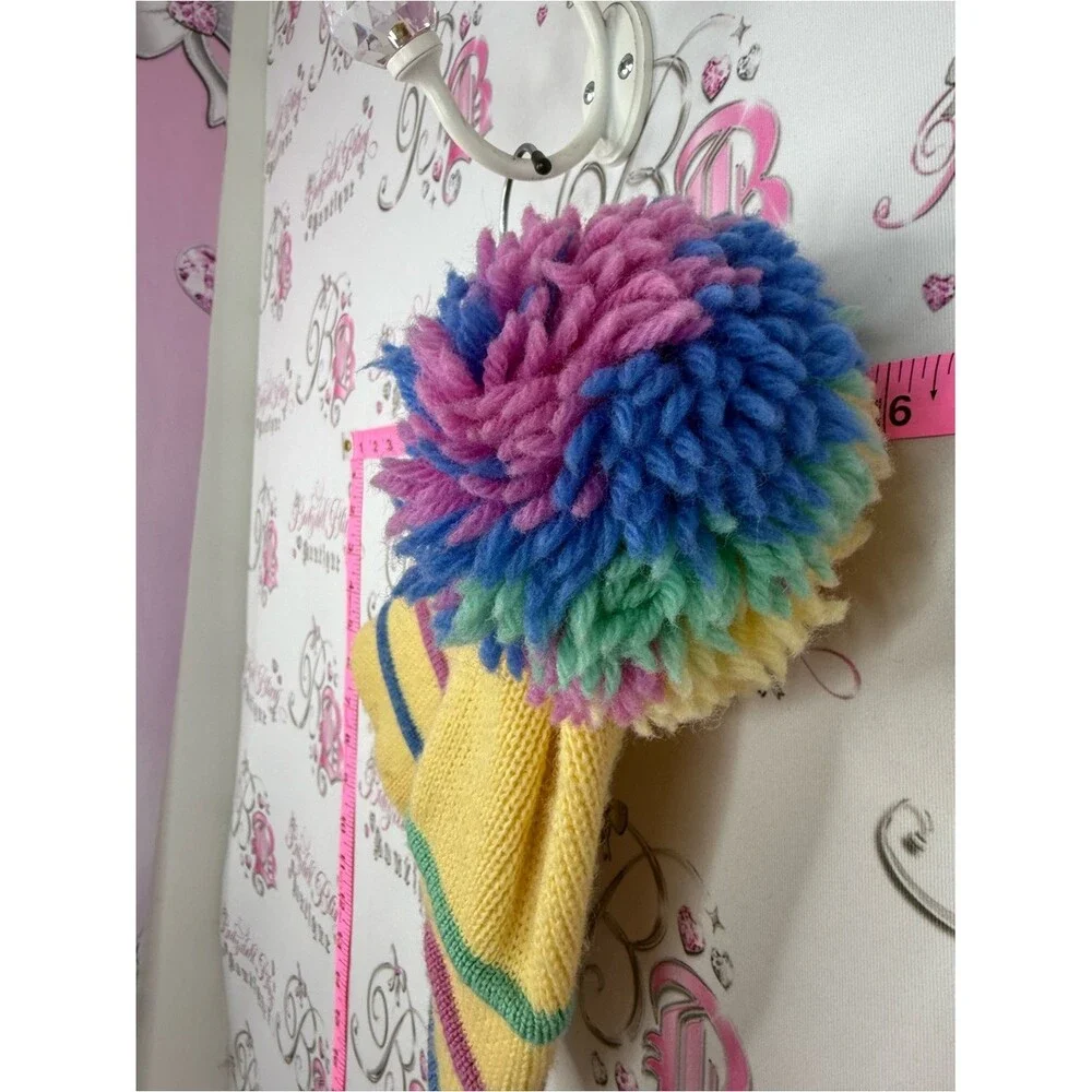 SMILEY pure wool hat Yellow Knit Pom Hat with Colorful Pom and Stripe Accents